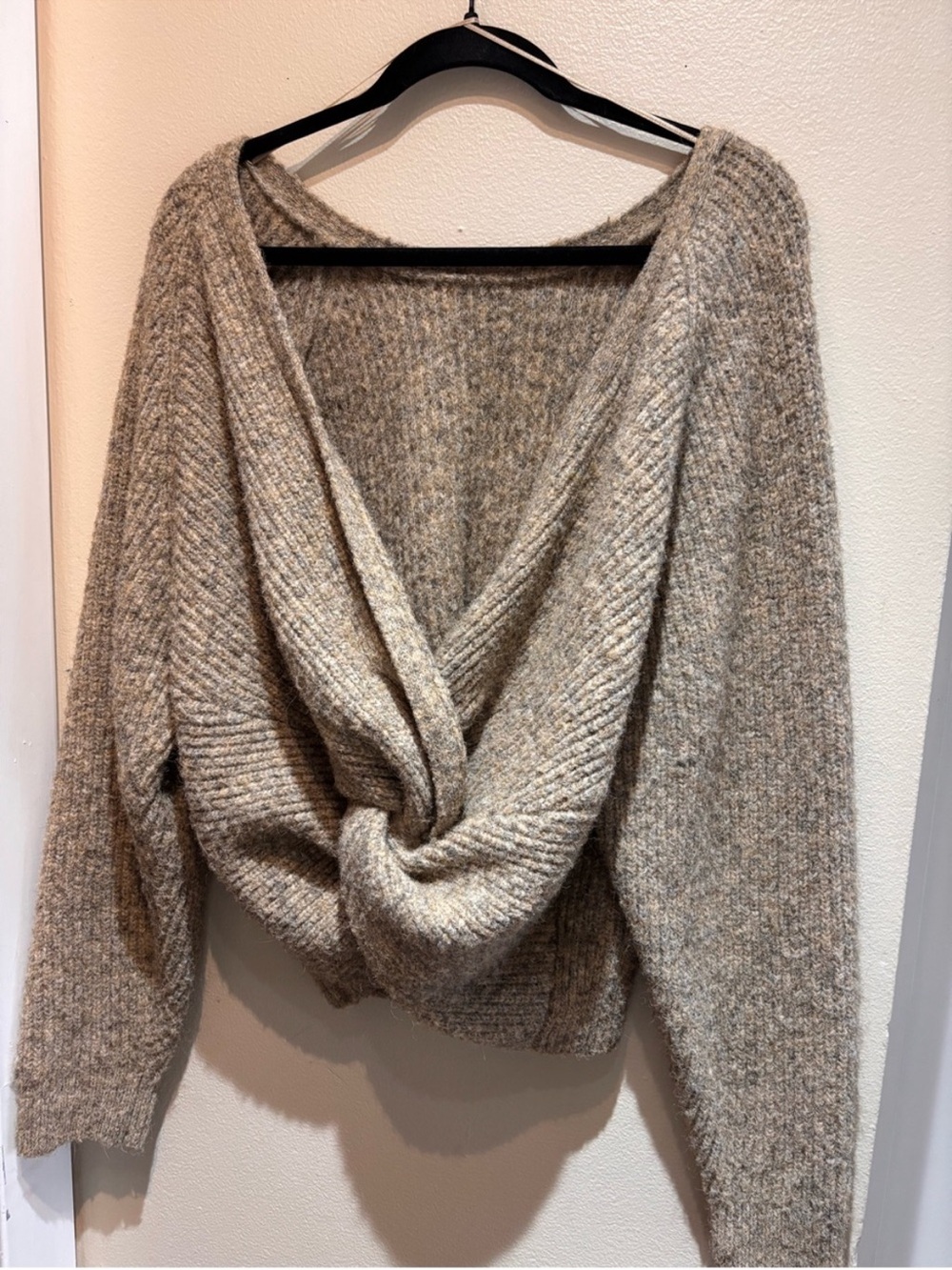 Twist-Front V-Neck Sweater in Taupe